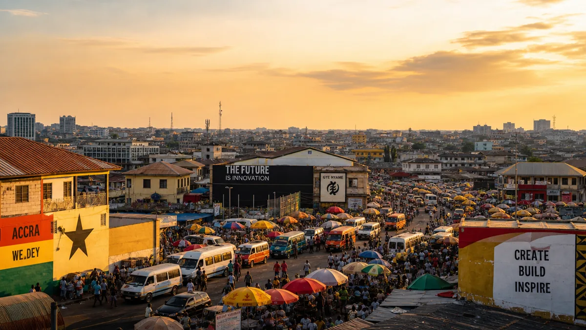 Golden-hour view over a busy Accra market district
