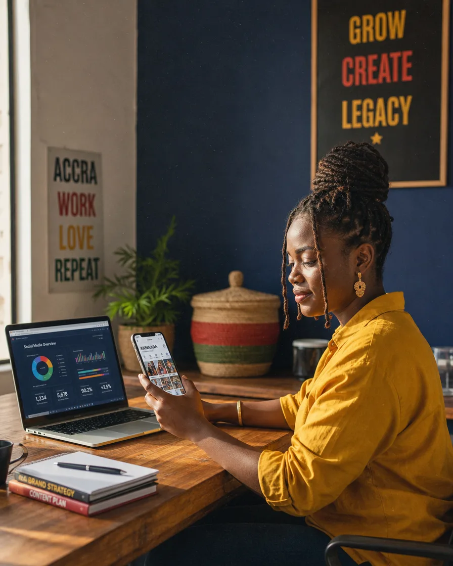 A Magnet Media strategist reviewing social media performance in our Accra studio