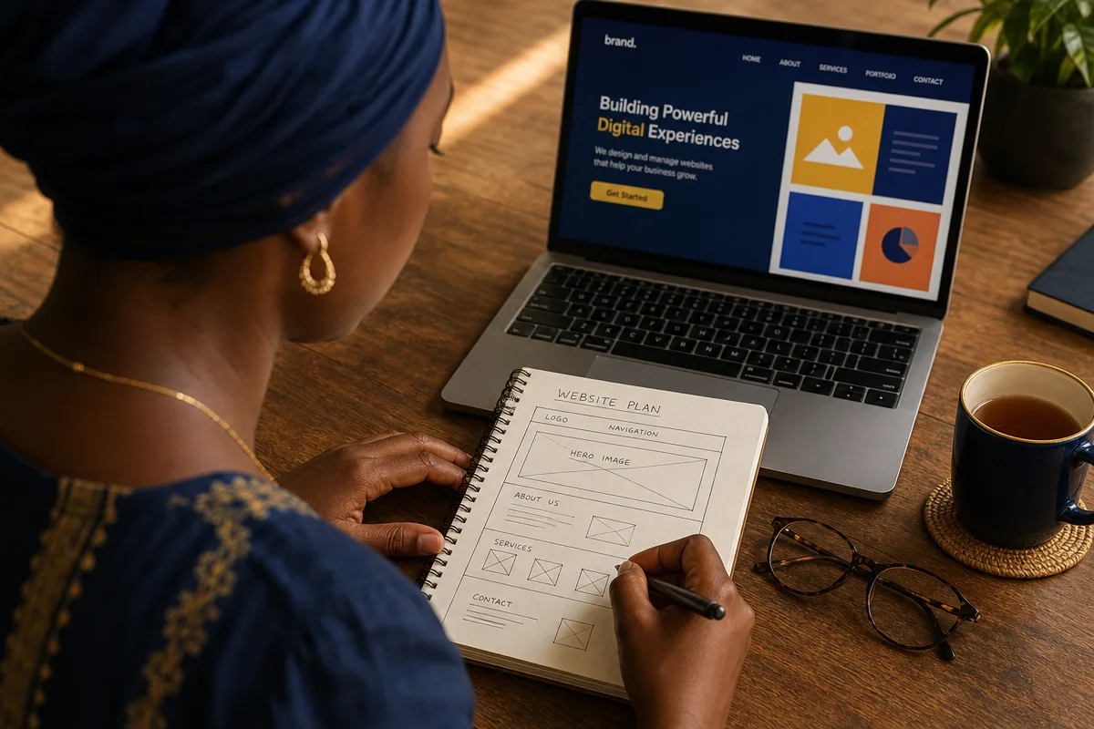 Designer sketching a website wireframe beside a laptop mockup